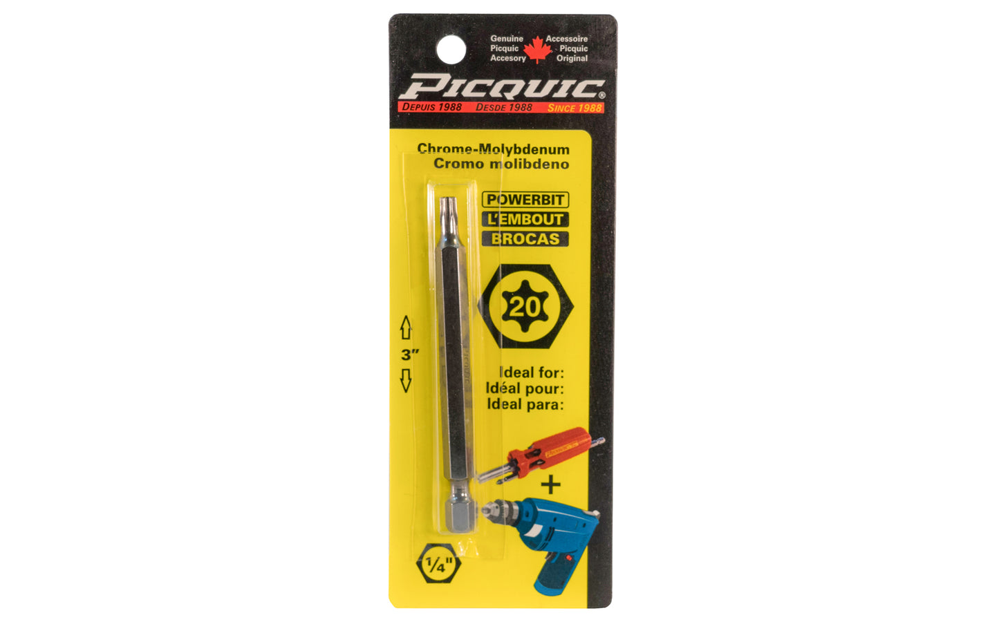 Picquic 3" length powerbit - Torx 20 bit. 1/4" hex shank power bits ideal for use in drills & impact drivers. Model 88220.