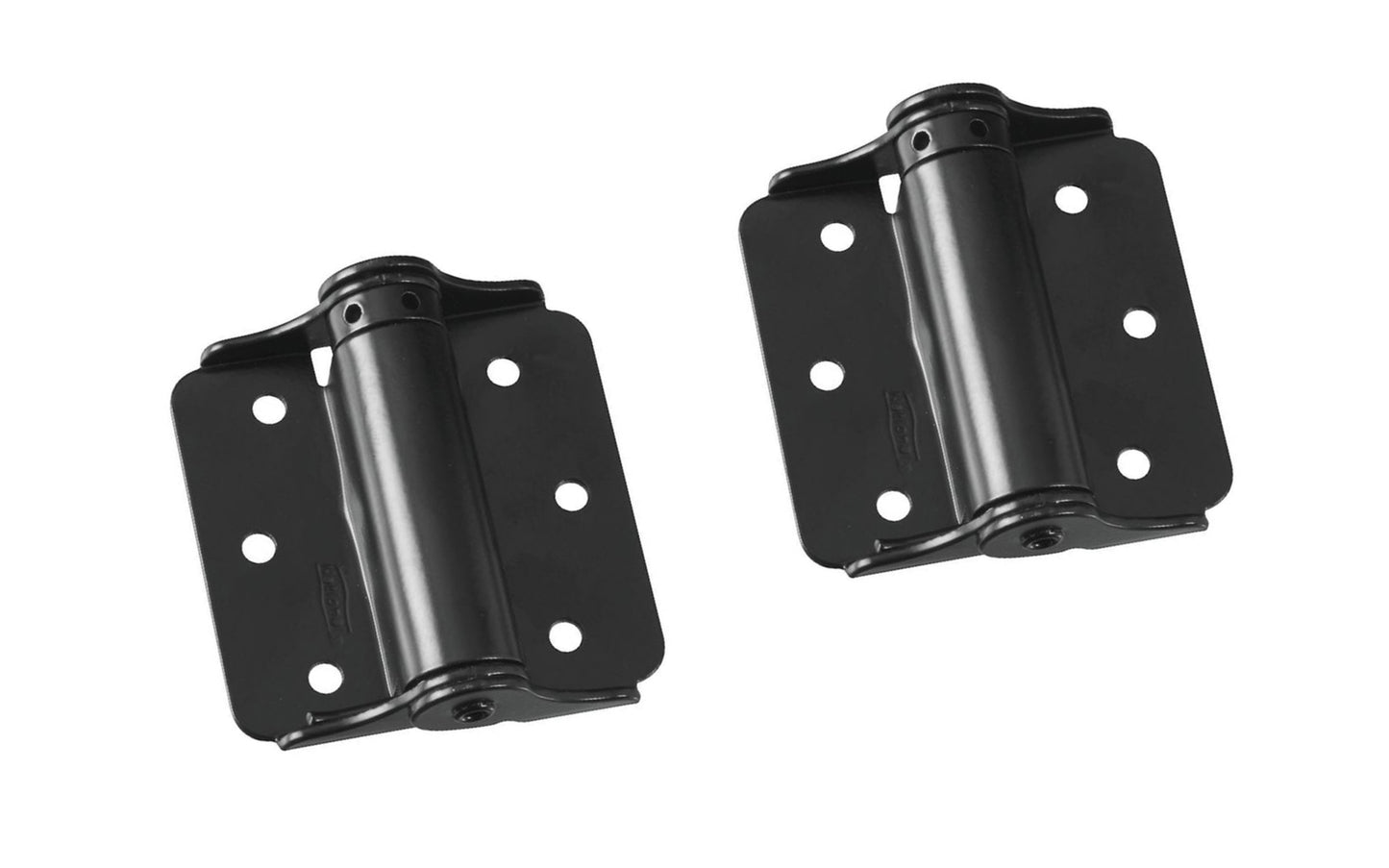 Pair of 3" Black Finish steel adjustable spring-loaded hinges designed for screen doors & other lightweight utility doors. Full-surface application, no mortising is required. Strong fully enclosed spring. For use on either right hand or left hand doors. Stud pin adjusts to provide desired closing speed. N114-975.