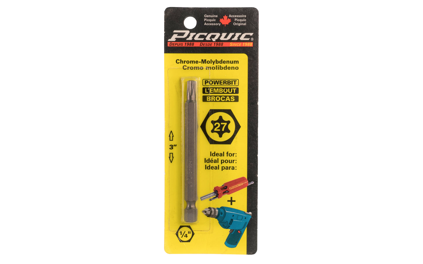 Picquic 3" length powerbit - Torx 27 bit. 1/4" hex shank power bits ideal for use in drills & impact drivers. Model 88227.