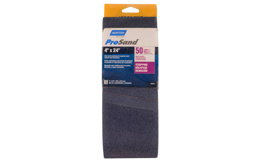 Norton "ProSand" 4" x 24" Sanding Abrasive Belts - 50 Grit. Pro Sand Zirconia Alumina Abrasive Sanding Belts. Anti-static backing for superior dust control & extraction. For heavy stripping & removal. 5 Pack. Made in USA. Model 49277