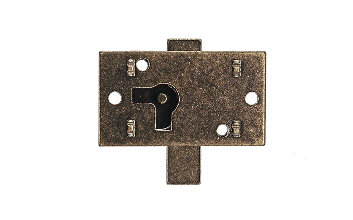 Surface Cabinet Lock ~ Antique Brass Finish - Bolt slides right & left - Small Brass Plated Non-Mortise Cabinet Lock in Antique Brass - 1/2" backset - Surface lock (non-mortise) - Includes antique brass finish skeleton key, a keyhole plate - 6536