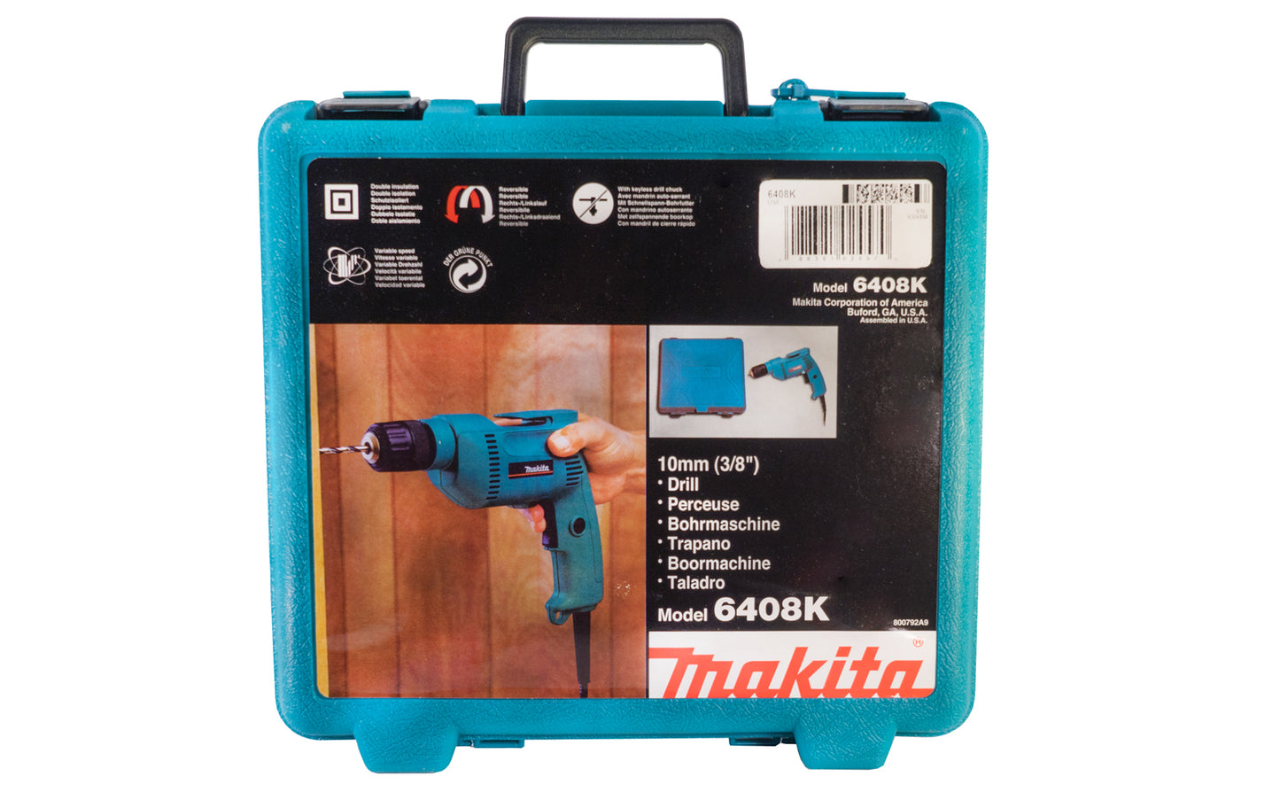Assembled in USA - Makita 3/8" 4.9-Amp Keyless Electric Drill with Case. Model 6408K. 3/8" variable speed 0 to 2500 RPM reversible. 4.9A motor. Includes hard plastic case. 088381024570. USA Makita drill.
