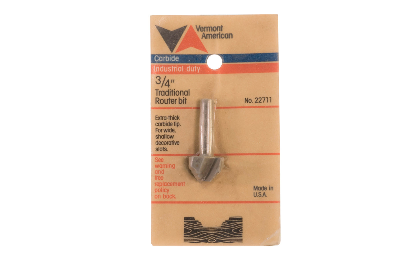 Vermont American 3/4" Traditional Carbide Router Bit. Extra-thick carbide tip for wide shallow decorative slots. Vermont American Model No. 22711. Made in USA.