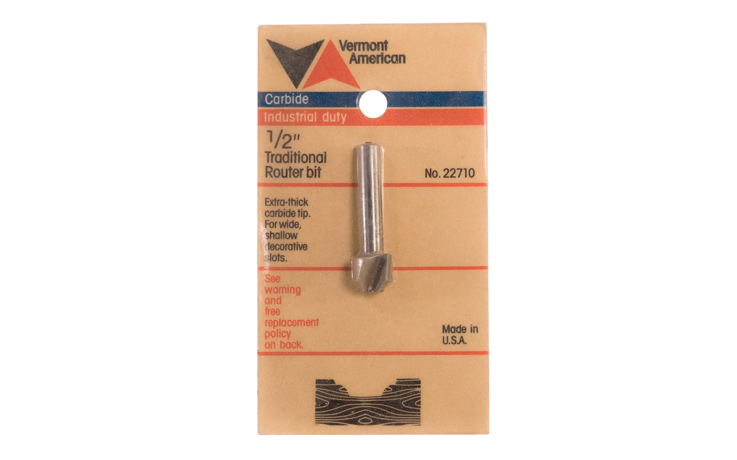 Vermont American 1/2" Traditional Carbide Router Bit. Extra-thick carbide tip for wide shallow decorative slots. Vermont American Model No. 22710. Made in USA.