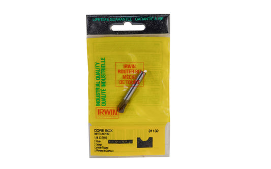 Irwin Carbide 1/4" Core Box Router Bit - Made in USA. Carbide Tipped Router Bit. 1-7/8" overall length. 1/4" shank. Irwin Model No. 31132. Made in USA.