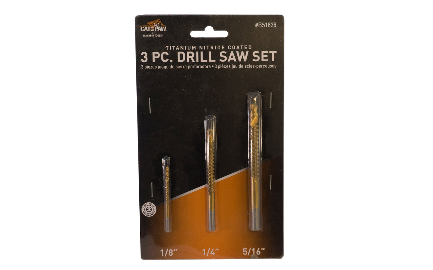 HSS Drill Saw Bit Set Titanium Nitride Coated. Drills & cuts wood, sheetrock, wallboard, plastic, ceiling tile. Specially designed teeth allows for quick, clog-free cutting. Use the drill saw to drill the starting hole, enlarge the hole, or cut out irregular shaped holes with ease. Mayhew Model B51626.