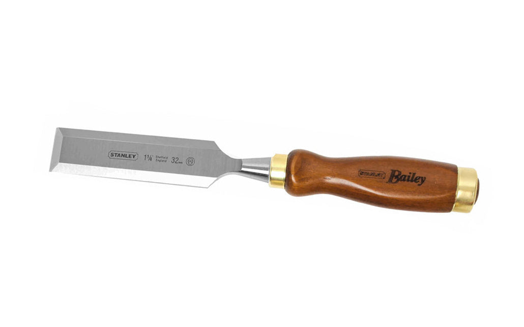 Made in England - 1-1/4" Bailey Wood Chisel. Hardened, tempered high-chrome carbon alloy steel blade for edge retention ~ High-carbon chrome steel blade ~ European Beech wood. Quality English Chisel. 1-1/4" (32mm) size