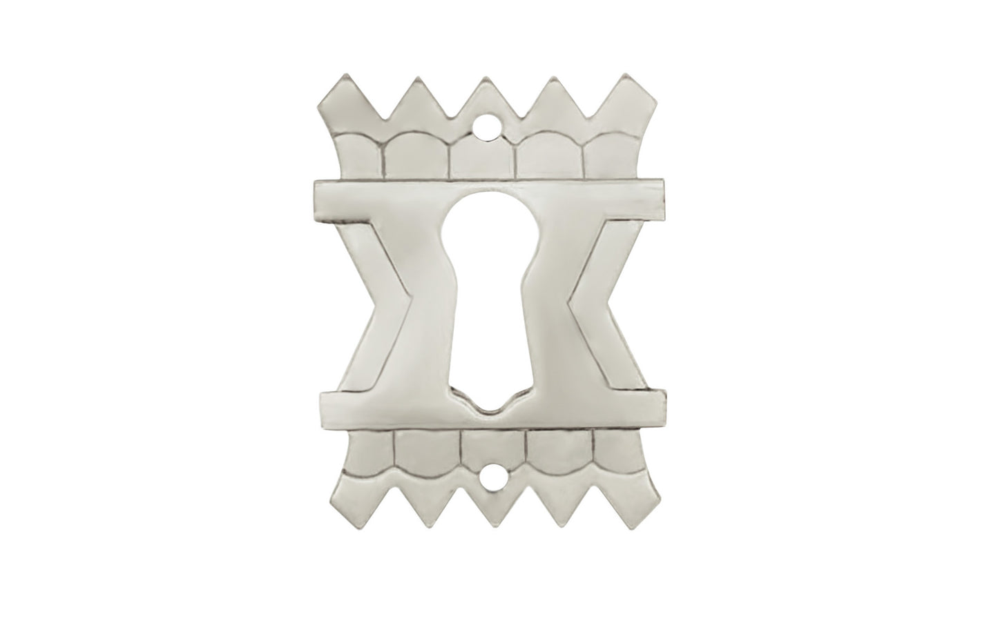 Vintage-style Hardware · Stylish stamped brass keyhole backplate with a special & intricate Eastlake design. The keyhole is made of high quality solid brass material. Designed in the Late Victorian / Eastlake style of hardware, but suitable for other periods including Craftsman & Art Deco styles. Polished Nickel Finish.