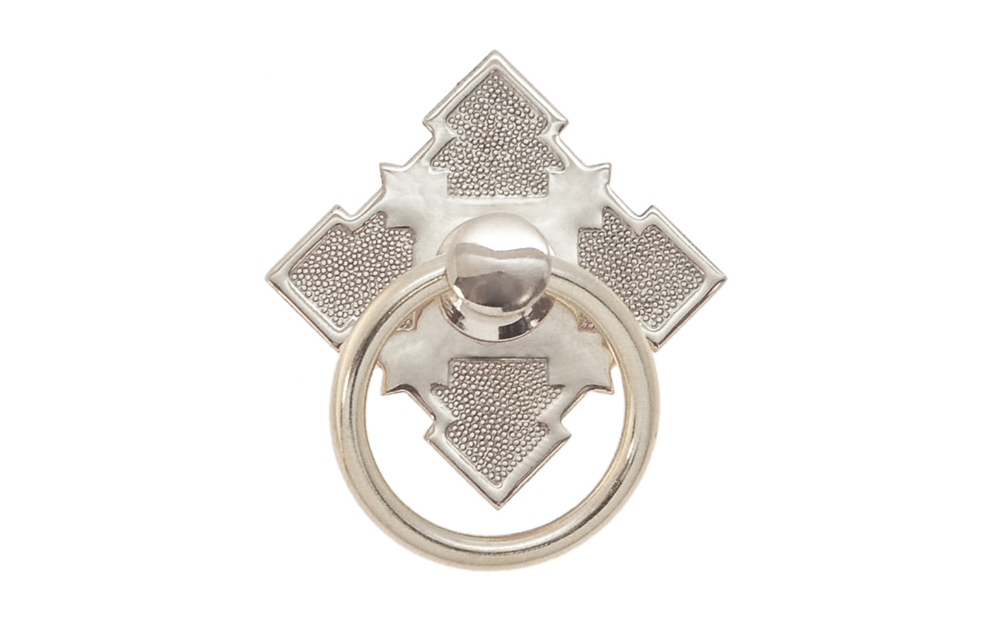 Vintage-style Hardware · Stylish ring pull with a stamped brass backplate with a special & intricate Eastlake design. The cabinet ring pull is made of high quality solid brass material. Designed in the Late Victorian / Eastlake style of hardware, but suitable for other periods including Craftsman & Art Deco styles. Polished Nickel Finish.