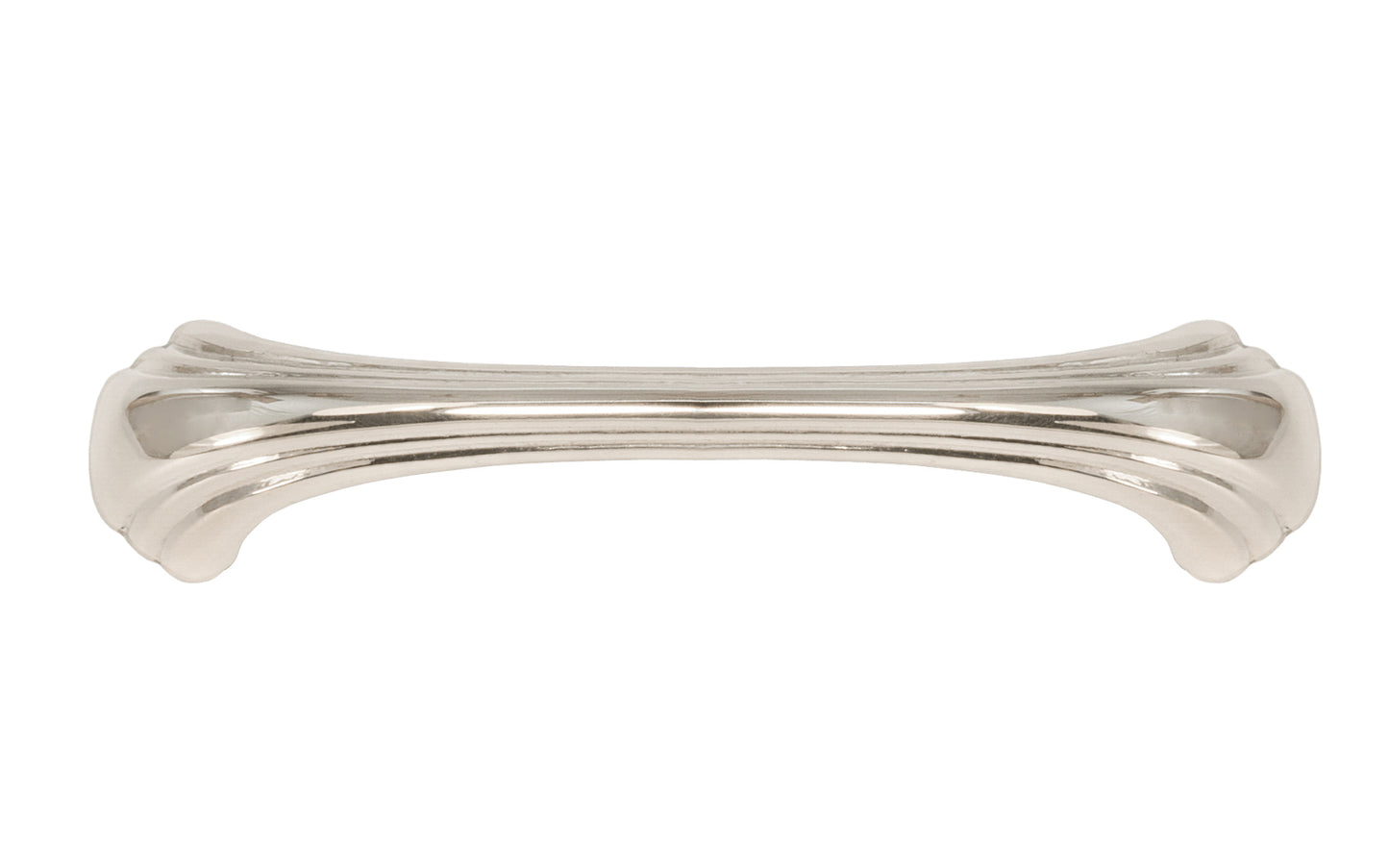 Vintage-style Hardware · A classic solid brass "Art Deco" handle pull with a streamlined 1930's look. 4" On Centers. Authentic reproduction pull designed in the 1930's, Streamline, Machine Age, Art Deco style of hardware. 4" center to center. Polished Nickel Finish.