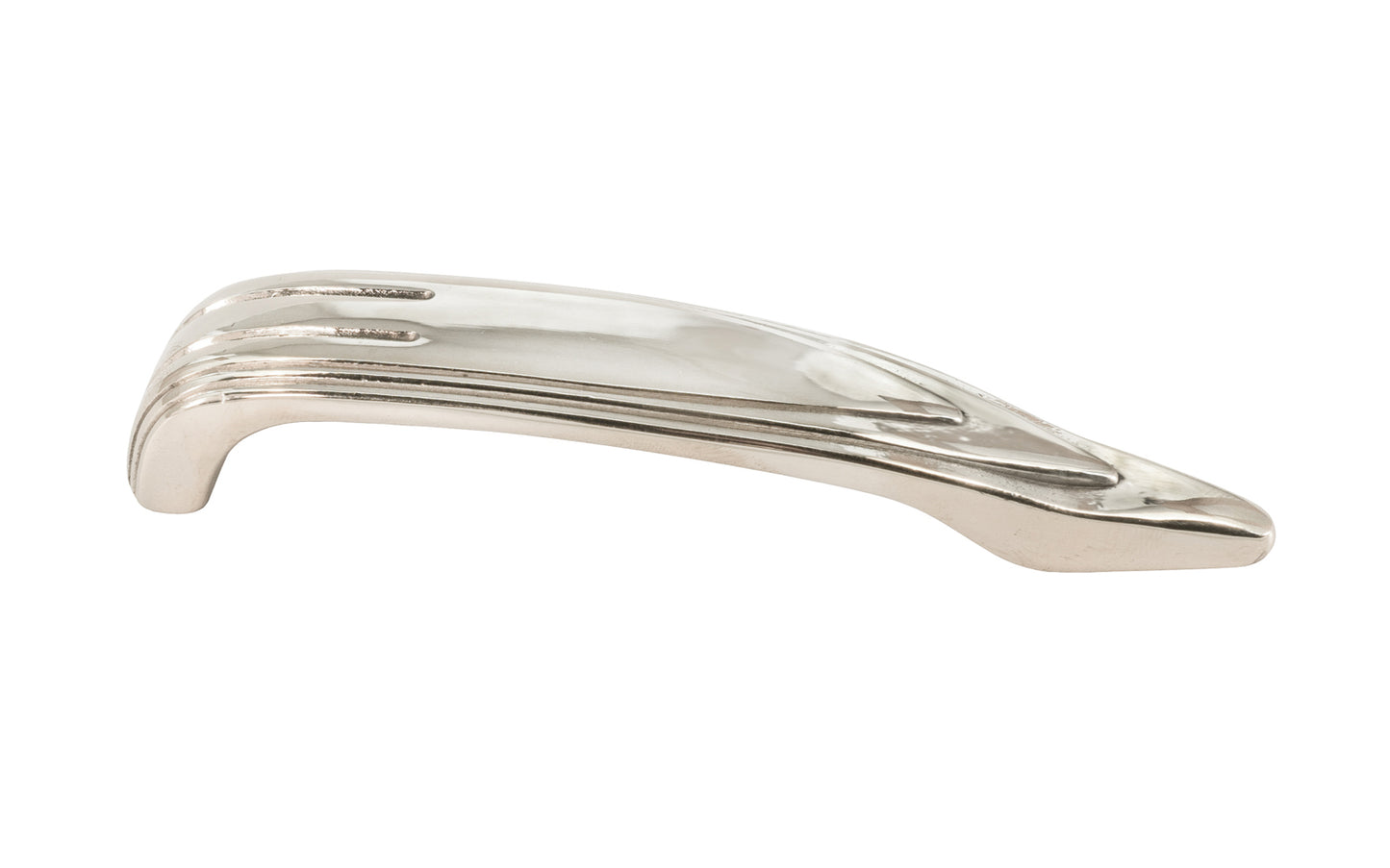 Vintage-style Hardware · A classic solid brass "Art Deco" handle pull with a streamlined 1930's look. 4" On Centers. Authentic reproduction pull designed in the 1930's, Streamline, Machine Age, Art Deco style of hardware. 4" center to center. Polished Nickel Finish.