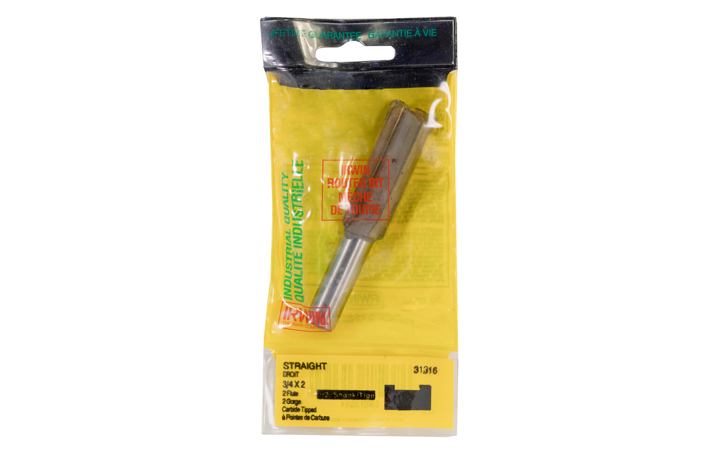 Irwin Carbide 3/4" x 2" Straight Router Bit. 2" overall length. 1/2" shank. Irwin Model No. 31316.