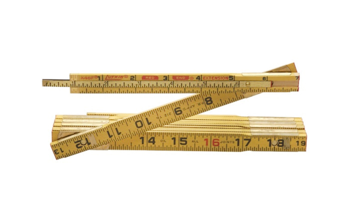 Lufkin Extension Wood Rule 6' x 5/8". Red end. Boxwood finish. Heavy-duty, 1/8" thick sections. Marked both edges, both sides. Markings embedded into wood. Consecutive inches to 16ths. 16" centers marked in red. Blade and markings protected by longer wearing epoxy finish. Graduated brass slide. 6" folds. Rivet joints. X46FN has flat, inside markings, numbering begins on inside of rule.