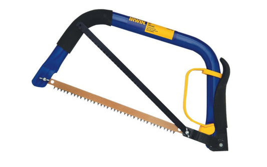 Irwin 12" Hack Saw / Bow Saw. 2 saws in 1 features a hack saw for cutting metal and plastic, or a bow saw for wood and general yard work. Comes with 12" hacksaw blade & 12" bow saw blade. Built-in hand guard & blade guard for safety. 6" throat makes cutting plastic pipe & small trees easy.  Model 218HP300 ~ 082289410886