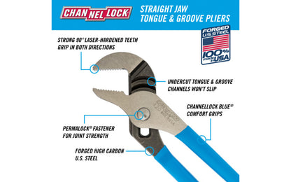 Channellock 9-1/2" Straight Jaw Tongue & Groove Plier is built to last with a Permalock fastener to eliminate nut & bolt failure. Laser-hardened teeth to provide a better, longer lasting grip. Channelock Model 420. 025582300676. Professional non-slip channellocks. adjustable 9.5" tongue and groove plier. Made in USA.