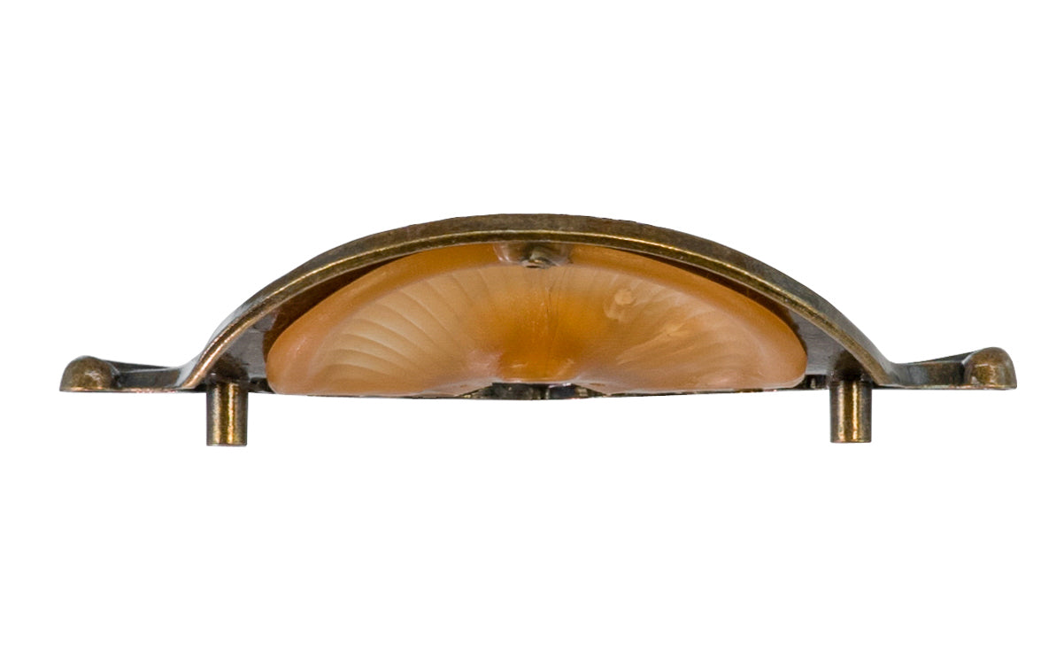 Waterfall-Style Drawer Pull With Bakelite ~ 3-1/2" on Centers. A special & unique drawer pull designed in the "Waterfall-style" / "Art Moderne" style of hardware popular in the 1930's. The handle pull is made of durable zinc material with an antique brass finish, & a bakelite insert inside. 3-1/2" on centers.