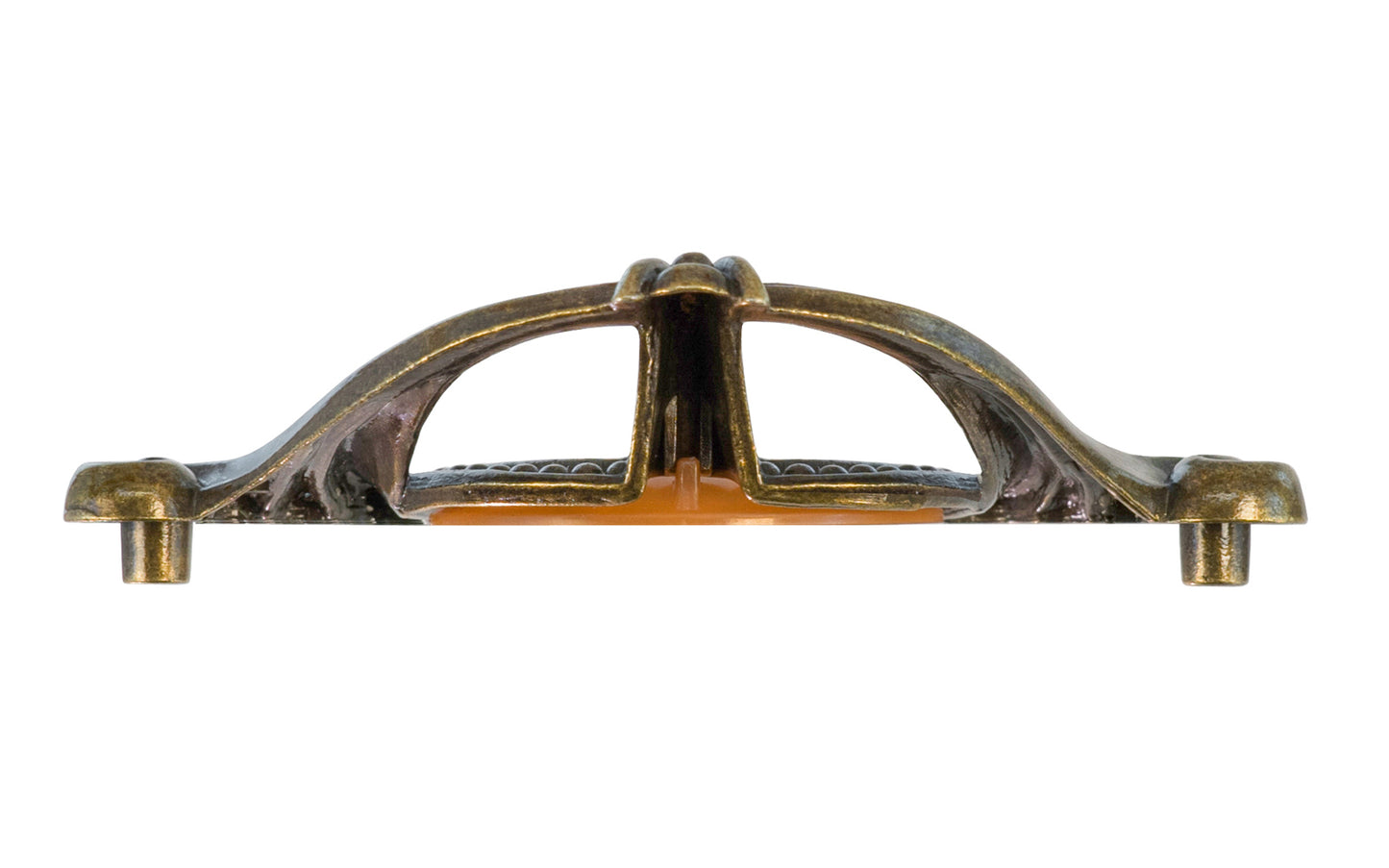 Waterfall-Style Drawer Pull With Bakelite ~ 4" on Centers. A special & unique drawer pull designed in the "Waterfall-style" / "Art Moderne" style of hardware popular in the 1930's. The handle pull is made of durable zinc material with an antique brass finish, & a bakelite insert inside. 4" on centers.