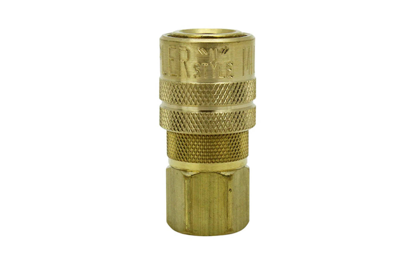 Milton 1/4" FNPT M-Style Brass Coupler - 715. 1/4" FNPT M style brass coupler has a 1/4" basic flow size. Offers a maximum of 300 PSI. Comes with Buna-N seal and air flow of 40 SCFM.