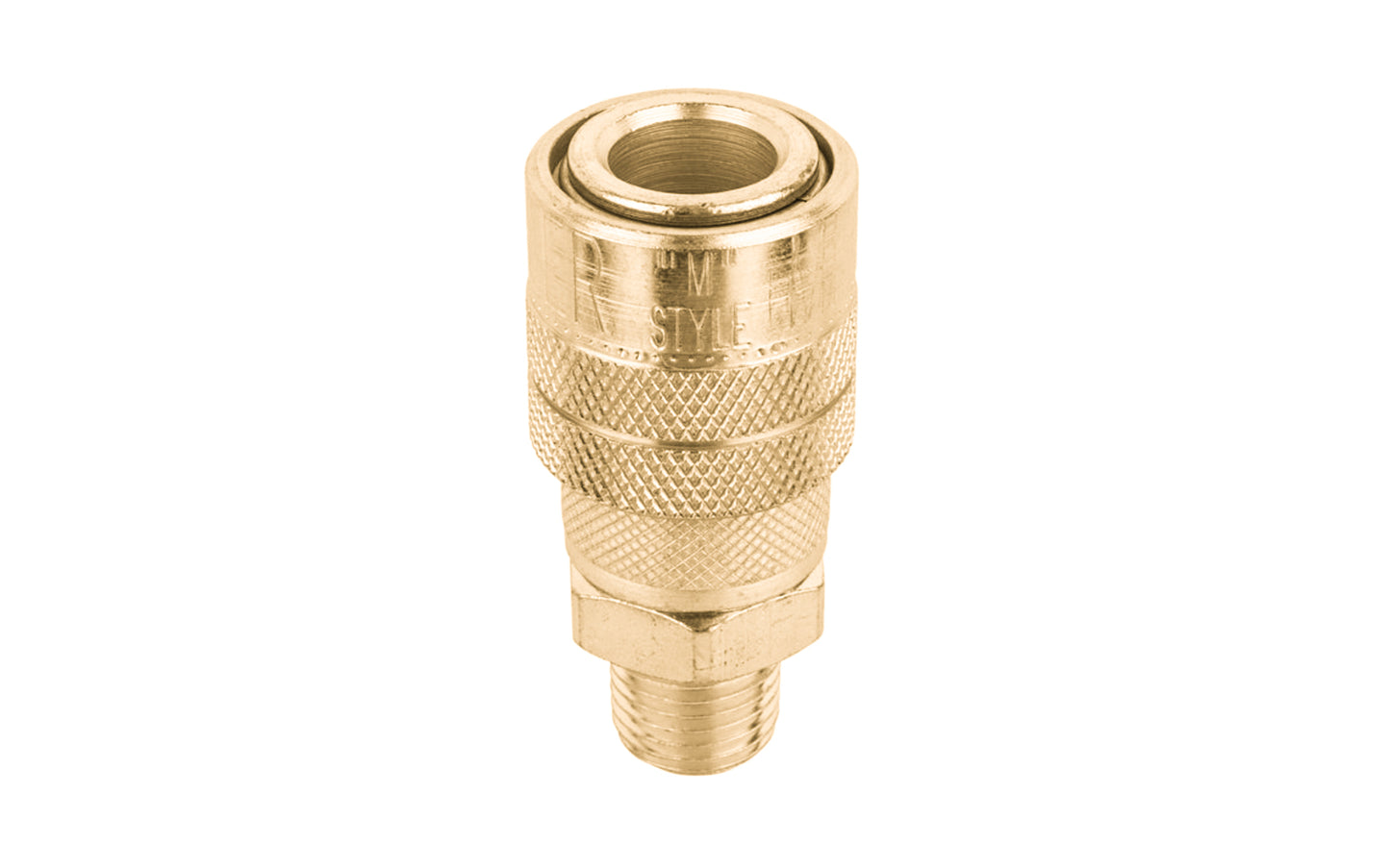 Milton 1/4" MNPT M-Style Brass Coupler - 716. 1/4" MNPT M style brass coupler has a 1/4" basic flow size. Offers a maximum of 300 PSI. Comes with Buna-N seal and air flow of 40 SCFM.