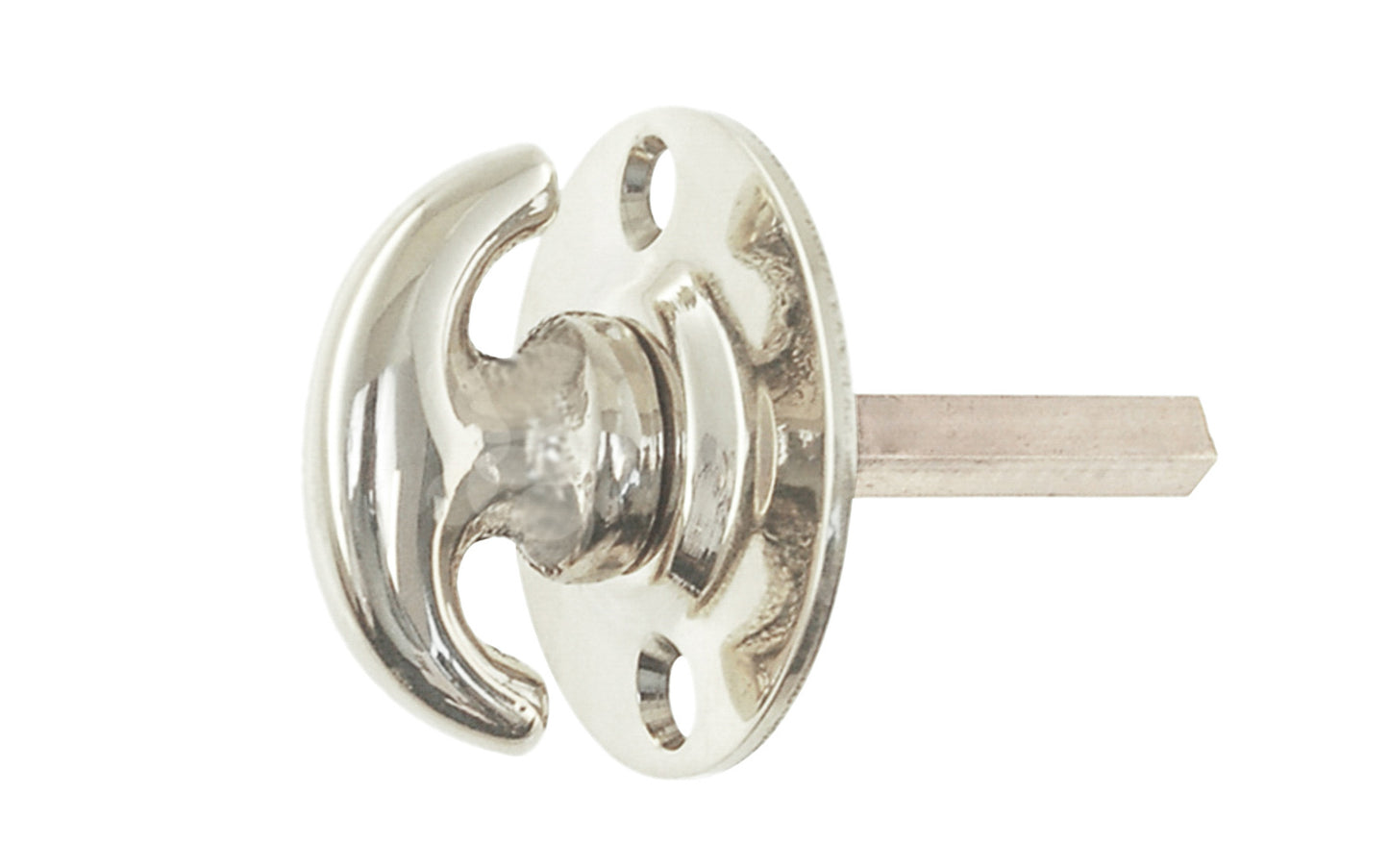 An old-style Classic Solid Brass crescent thumbturn with round plate for locking doors. Used with mortise locks, deadbolts, night-locks, catches. Made of solid brass material. 3/16" thick shaft. Polished nickel finish