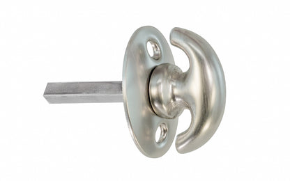 An old-style Classic Solid Brass crescent thumbturn for locking doors with a smaller oval plate. Used with mortise locks, deadbolts, night-locks, catches. Made of solid brass material. 3/16" thick shaft. Brushed nickel finish.
