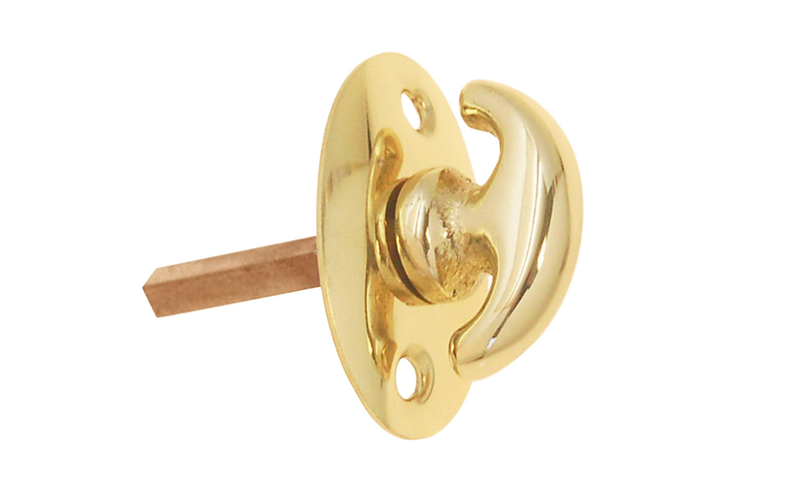 An old-style Classic Solid Brass crescent thumbturn for locking doors. Used with mortise locks, deadbolts, night-locks, catches. Made of solid brass material. 3/16" thick shaft.  Lacquered Brass Thumbturn
