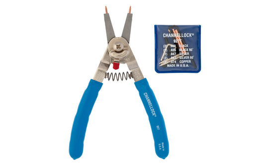 Channellock 8" Convertible Retaining Ring Pliers easily convert from working with external to internal snap rings with a simple switch of a tab. The heavy duty return spring reduces hand fatigue and provides increased accuracy when applying or removing snap rings Model 927. Made in USA.