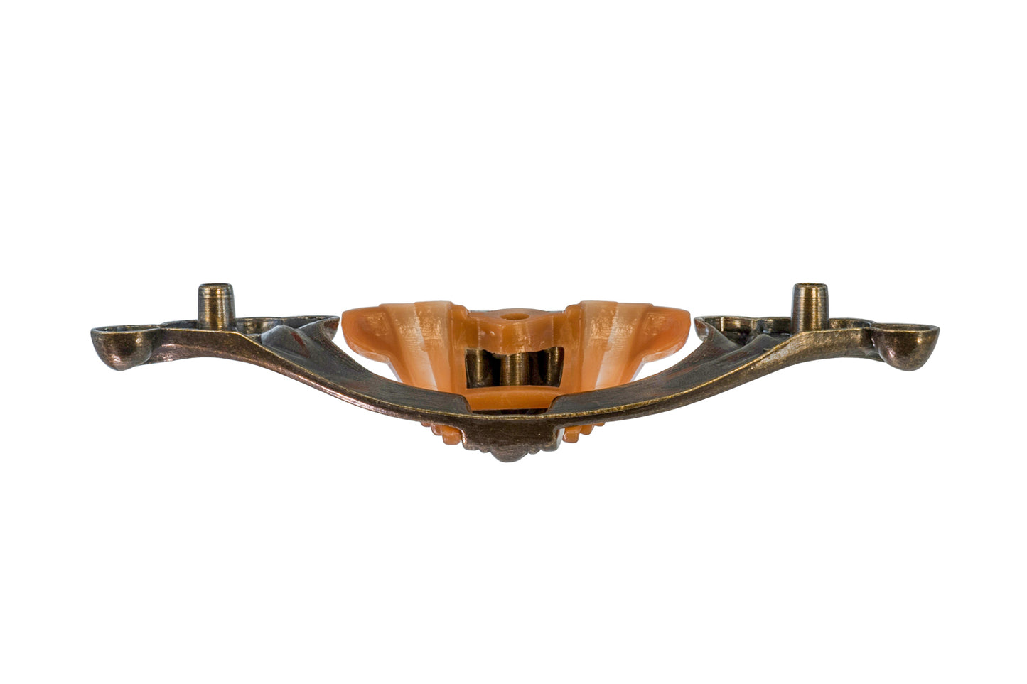 Waterfall-Style Drawer Pull With Bakelite ~ 4-1/4" on Centers. A special & unique drawer pull designed in the "Waterfall-style" / "Art Moderne" style of hardware popular in the 1930's. The handle pull is made of durable zinc material with an antique brass finish, & a bakelite insert inside. 4-1/4" on centers.