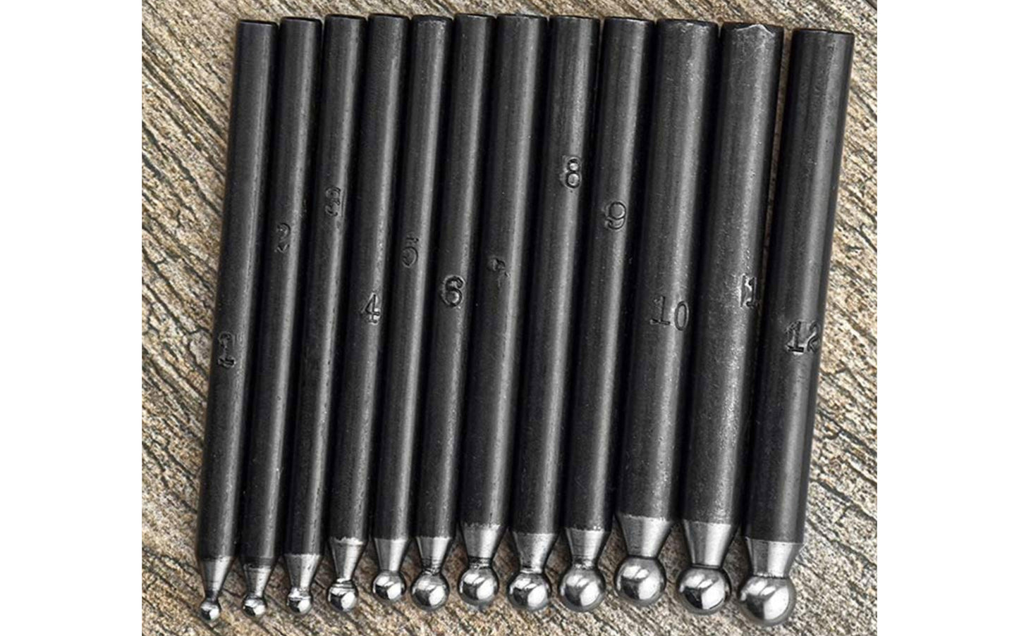 36-PC Polished Stainless Steel Dapping Punch Set. Great for jewelry work & metalworking tasks. Made by SE. Sizes include: 3.9, 4.2, 4.8, 5.6, 6.5, 6.8, 7, 7.5, 7.6, 8.9, 9.3, 9.8, 10, 10.8, 11.4, 12, 12.4, 13, 13.5, 13.8, 14.4, 15.3, 14.9, 16, 16.5, 17, 18, 18.5, 19.5, 20, 21.4, 21.8, 22.8, 23, 24, and 25mm.