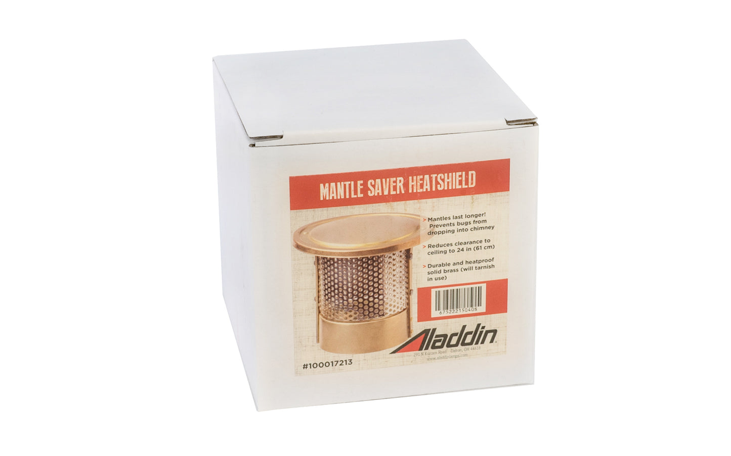Aladdin Mantle Saver & Heat shield. Made of durable & heatproof solid brass material (will patina & tarnish over time). Helps mantles last longer, prevents bugs from dropping into chimney. Reduces clearance to ceiling to 24". Made by Aladdin Lamp Company.