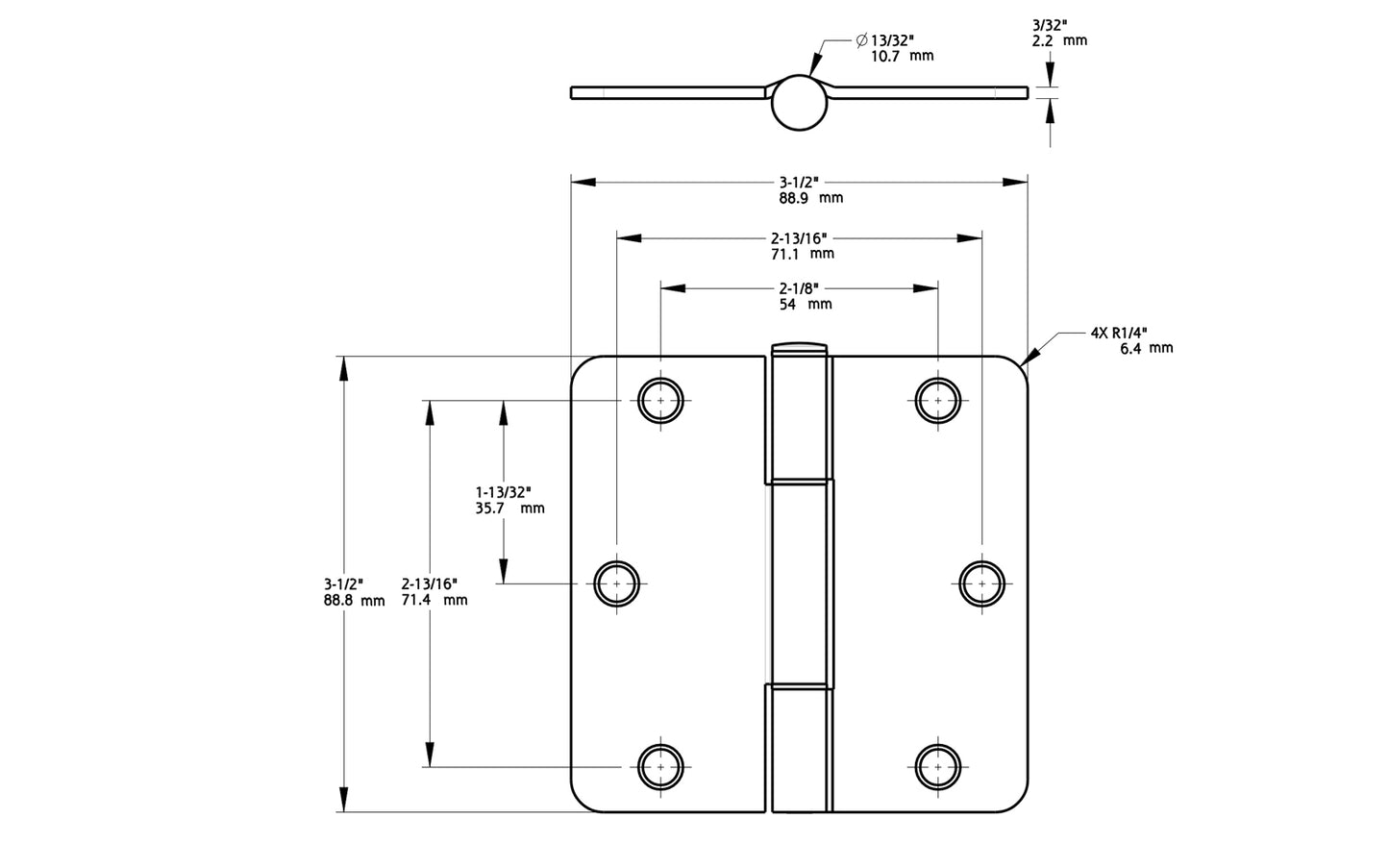 3-1/2" x 3-1/2" size "Squeak Guard" Door Hinges - 3 Pack. Enables doors to pivot on one edge as they silently open & close. Satin Nickel finish on steel material. 1/4" radius corners. Removable pin. National Hardware Model No. N830-449.