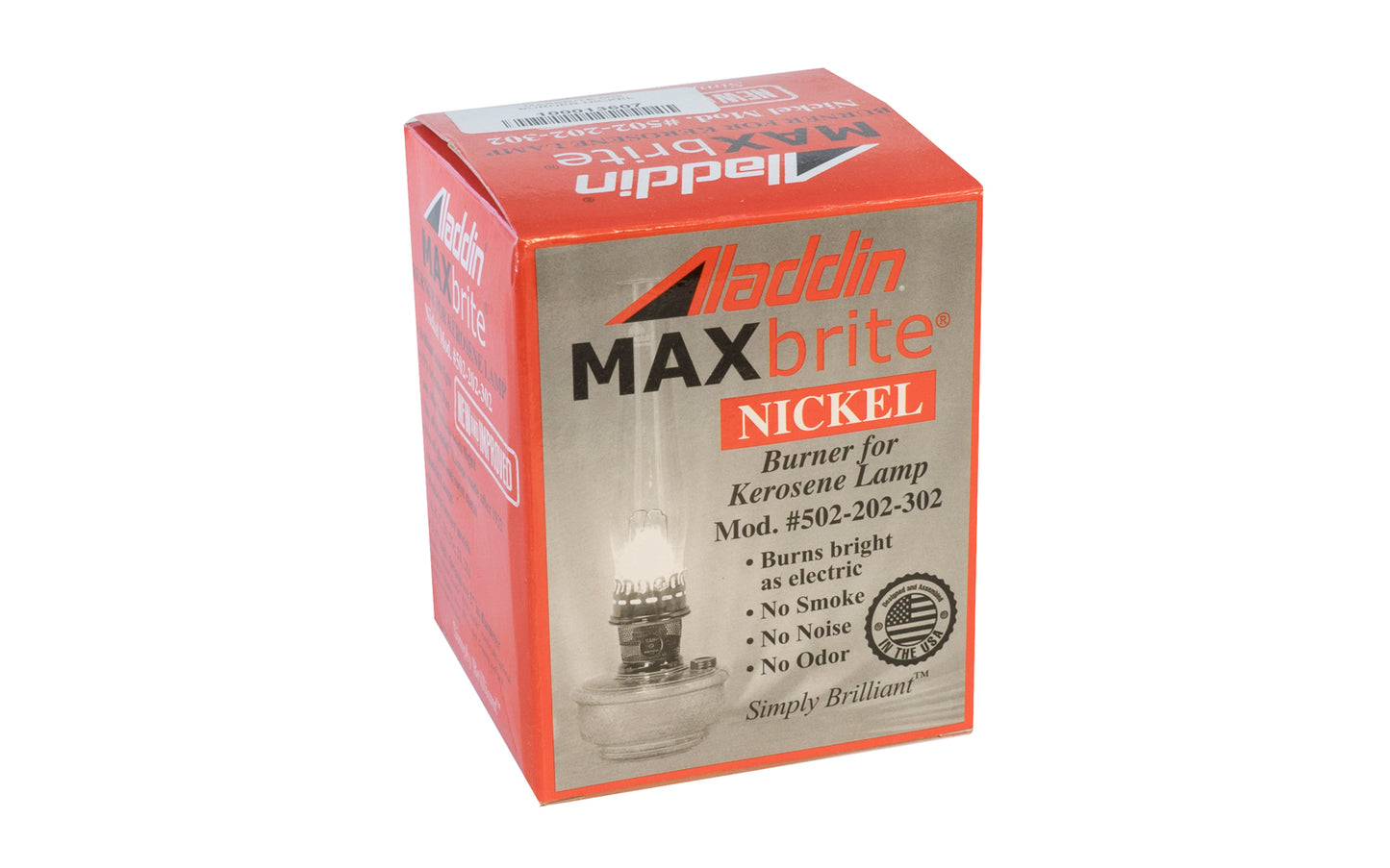 Aladdin "MAXbrite" Nickel Burner. Fits all Aladdin Lamps made after 1932. Replaces burner models A, B, C, 21, 21c, 23, 23a. Nickel finish. Designed & assembled in USA. Aladdin Mantle Lamp Company.