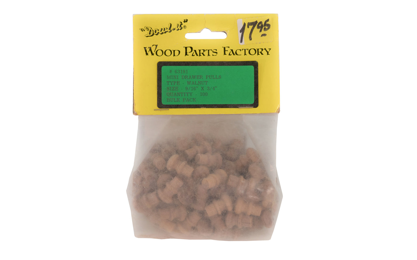 Mini Walnut Draw Pulls/Knobs - 100 Pack. 9/16" Diameter x 3/4" Length. Made by Wood Parts Factory "Dowl-It". Model 63191