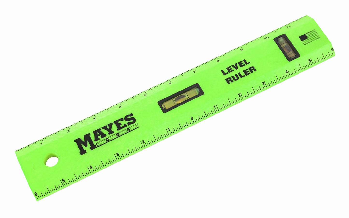 Mayes Level Ruler ~ Model No. 10742 ~ Made of high-impact polystyrene construction ~ Standard & Metric readings ~ Two levels on rule ~ Hang hole for easy storage ~ 12" overall length