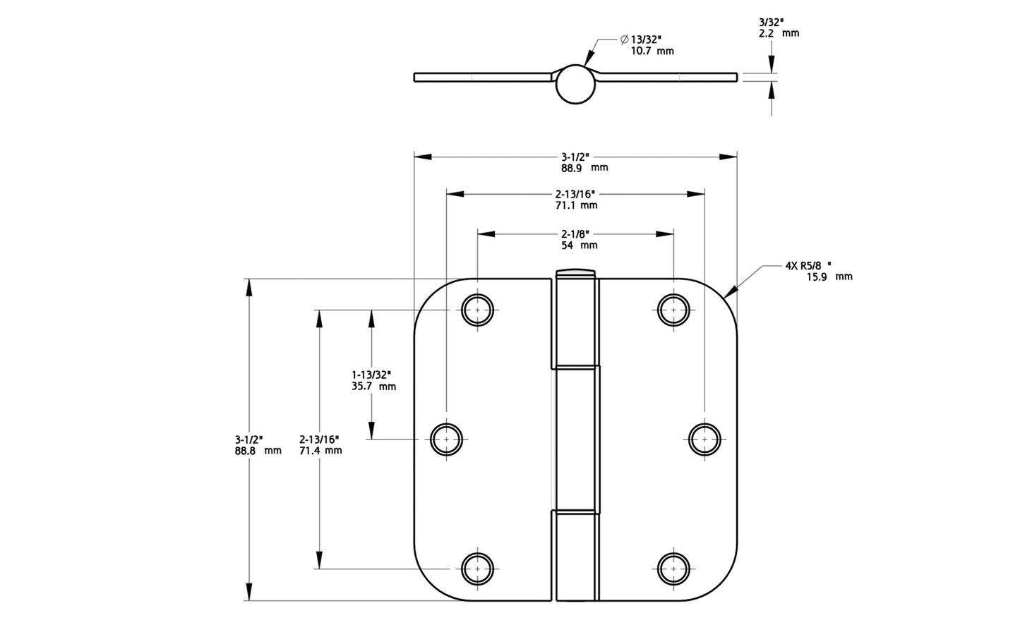 3-1/2" x 3-1/2" size "Squeak Guard" Door Hinges - 3 Pack. Enables doors to pivot on one edge as they silently open & close. Matte black finish on steel material. 5/8" radius corners. Removable pin. National Hardware Model No. N830-447.