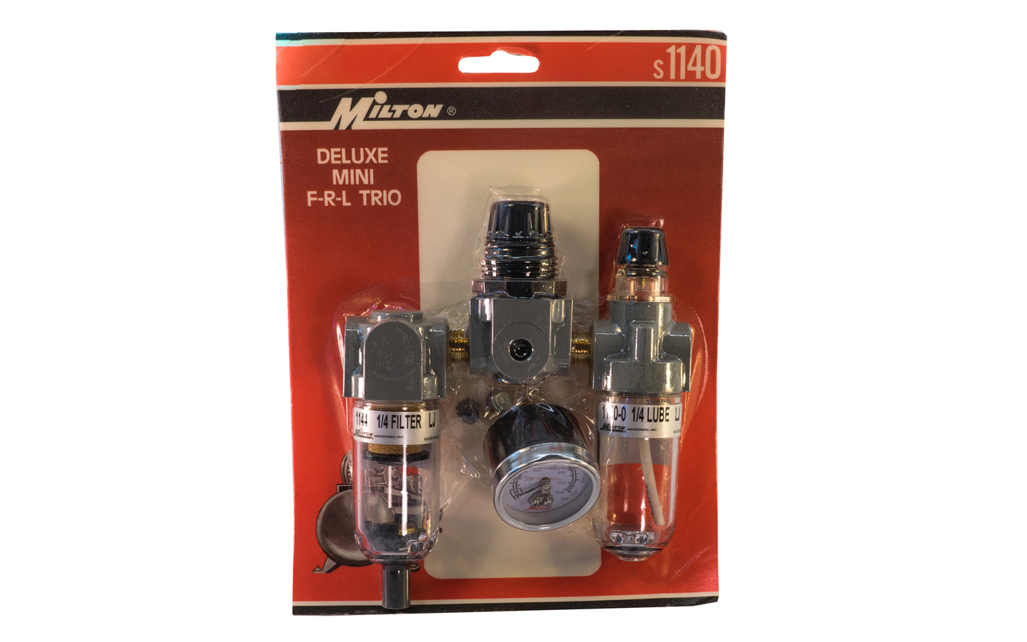 Milton 1/4" NPT Deluxe FRL Trio S-1140. The mini 1/4" NPT FRL trio is recommended when space is a problem. Mini FRL trio offers the same features as the full size units. Pre-assembled with 0-160 PSI gauge #1189, filter #1144, regulator #1145, and lubricator #1150. Has a Maximum pressure of 150 PSI and Maximum SCFM of 20.