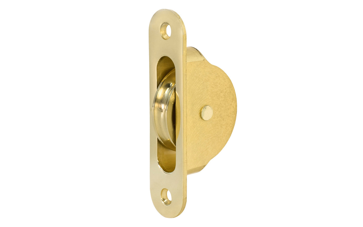 High quality sash pulley designed for sash or hung windows. Formed of solid brass material. Regular size. 1-3/4" wheel diameter. Lacquered Brass Finish.