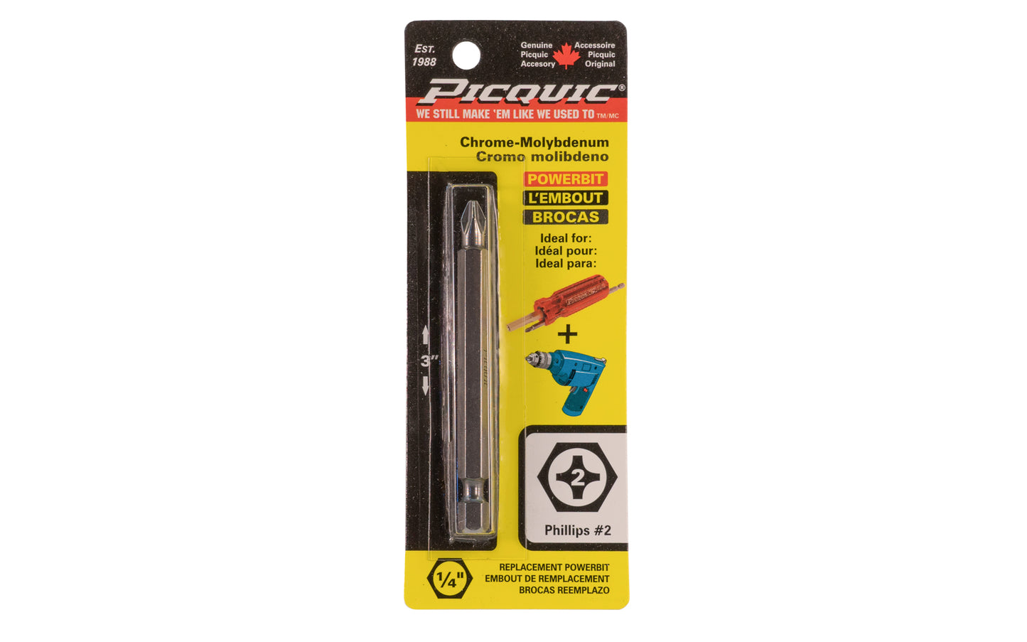 Picquic 3" length powerbit - #2 Phillips. 1/4" hex shank power bits ideal for use in drills & impact drivers. Model 88022.