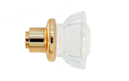 Single Classic Fluted Clear Glass Doorknob. A high quality & genuine glass doorknob with an attractive fluted design. The sparkling center point under glass amplifies reflected light to showcase beautiful facets. Solid brass base. Reproduction Glass Door Knobs. Traditional Fluted Glass Knobs. One knob. Unlacquered brass (will patina naturally), Non-Lacquered Brass.