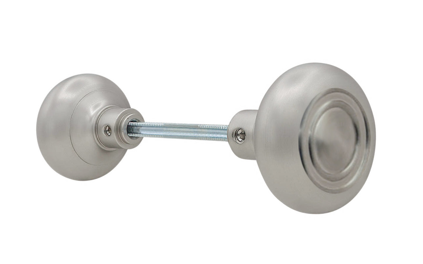 Pair of Traditional & Classic Brass Circle-Ring Design Doorknobs with spindle. Quality hollow core wrought brass doorknobs with an attractive circle-ring design. Reproduction Brass Door Knobs. Traditional Brass Knobs with Spindle. Set includes two knobs with spindle. Polished Nickel Finish.