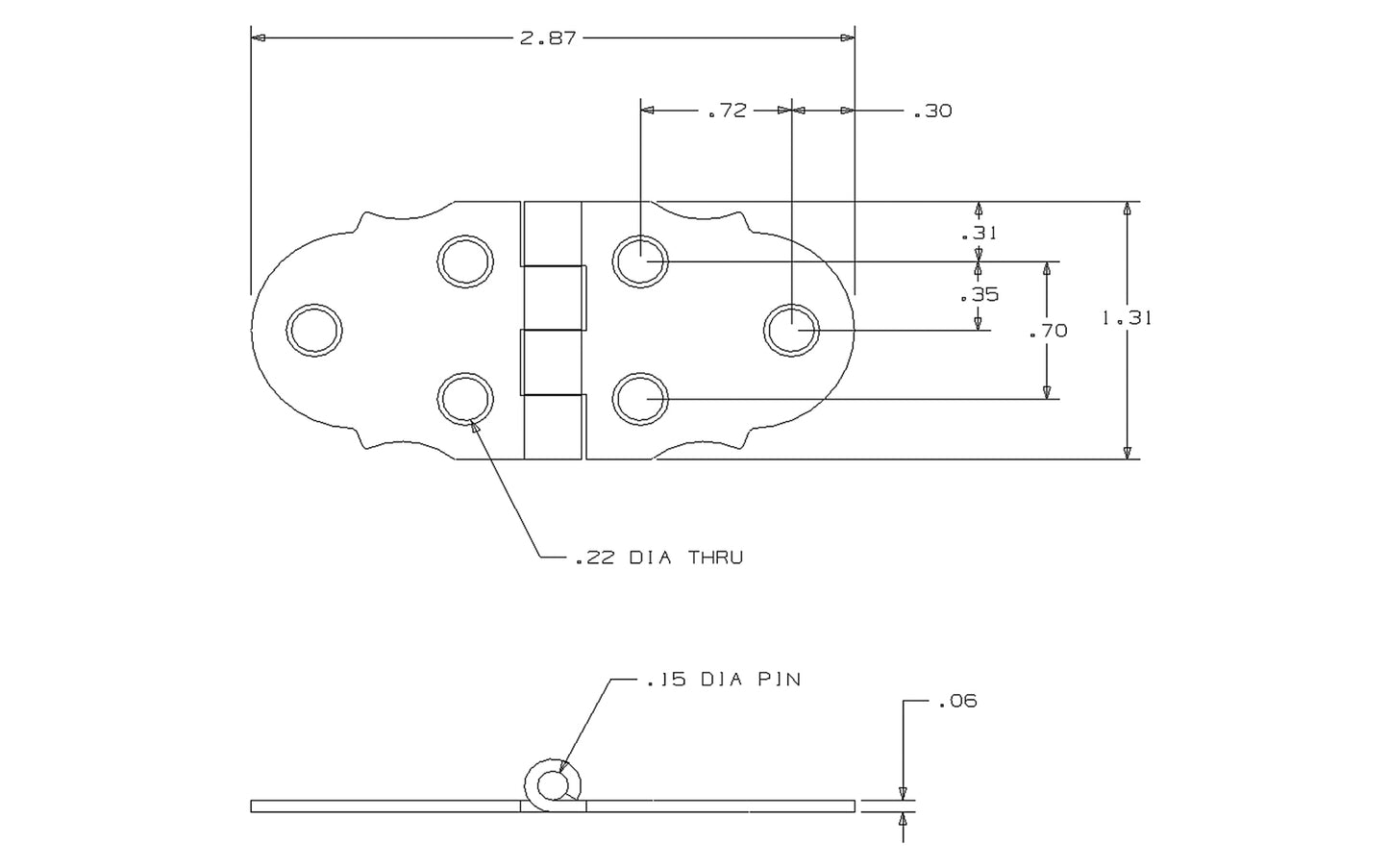 2-7/8" x 1-5/16" Solid Brass Decorative Hinges designed for small boxes, jewelry boxes, small lightweight cabinet doors, craft projects. Made of solid brass material with a bright brass finish. 1-5/16" high x 2-7/8" wide. Surface mount. Non-removable pin. Sold as two hinges. National Hardware Model No. N211-805.