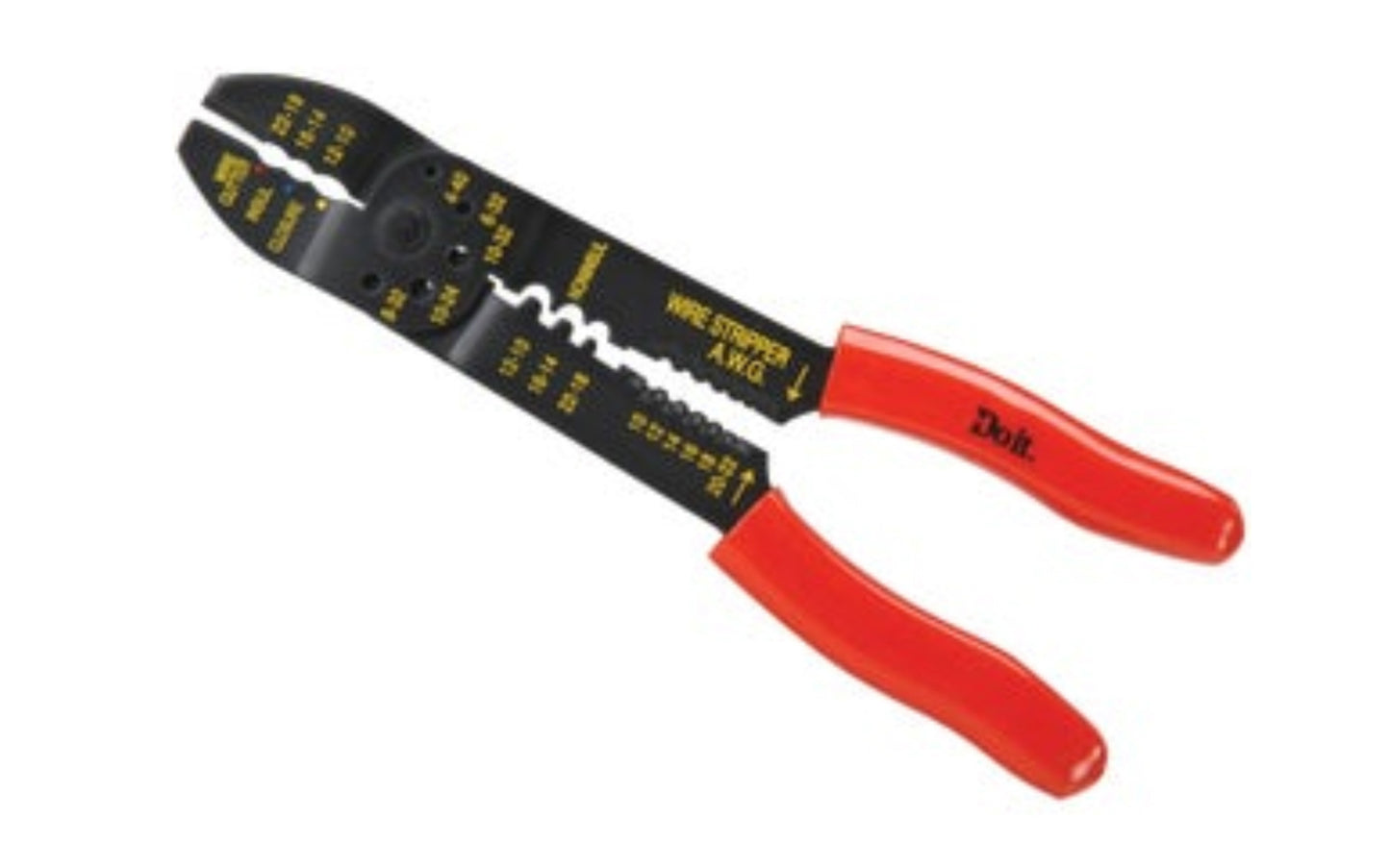 A basic 9" Crimping & Wire Stripping Tool. 9" overall length increases leverage for easy crimp, cut strip or bolt cutting. Has sculptured red vinyl hand grips. 4-40, 6-32, 8-32, 10-24, 10-32 screw size bolt cutters on tool. Constructed with hardened steel.