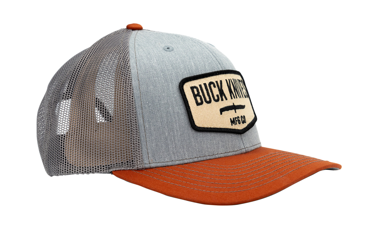 Buck Knives Hat 'Richardson 112 six-panel trucker hat' in heather gray/charcoal/dark orange with woven patch. Front: 60% Cotton/40% Polyester. Back: 100% Polyester. Potton-polyester twill with trucker mesh. Snapback closure, adjustable fit. Buck Knives Ball Cap Hat.