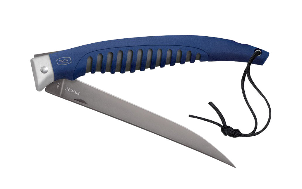 Buck Knives 220 Silver Creek Folding Fillet Knife has a titanium coated blade & is designed for added flexibility & corrosion resistance, a rubberized anti-slip grip & a stainless steel safety guard. The convenient size when folded makes this knife convenient to carry on any fishing trip. Model 0220BLS-B. 033753128431
