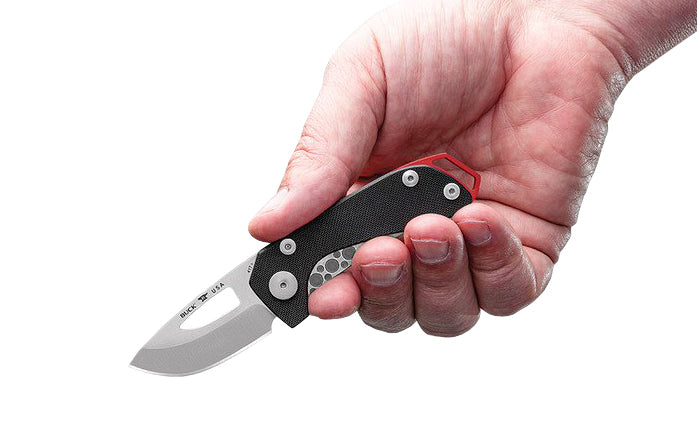 Buck Knives 417 Budgie Folding Knife with Black Textured Handle with Black Textured Handle blade ensures maximum edge retention & ease of resharpening for long use. G10 handle offers the grip & durability to match that of the superior blade performance. Accessorized with pocket clip & lanyard hole. Model 0417BKS1-B