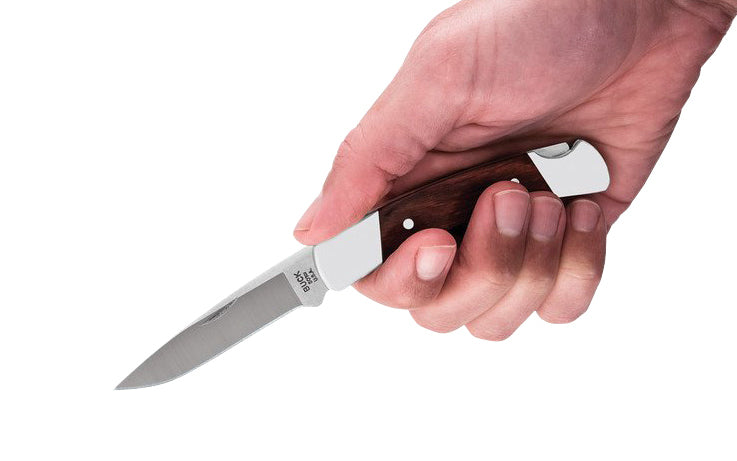 Buck Knives 501 Squire Pocket Folding Knife & Leather Sheath is a classic, compact everyday carry. The drop point blade provides good control for slicing. Easy opening & closing with the nail notch & lockback design. Handsome DymaLux red wood with nickel silver bolsters. Made in USA. 033753025983. Model 0501RWS-B
