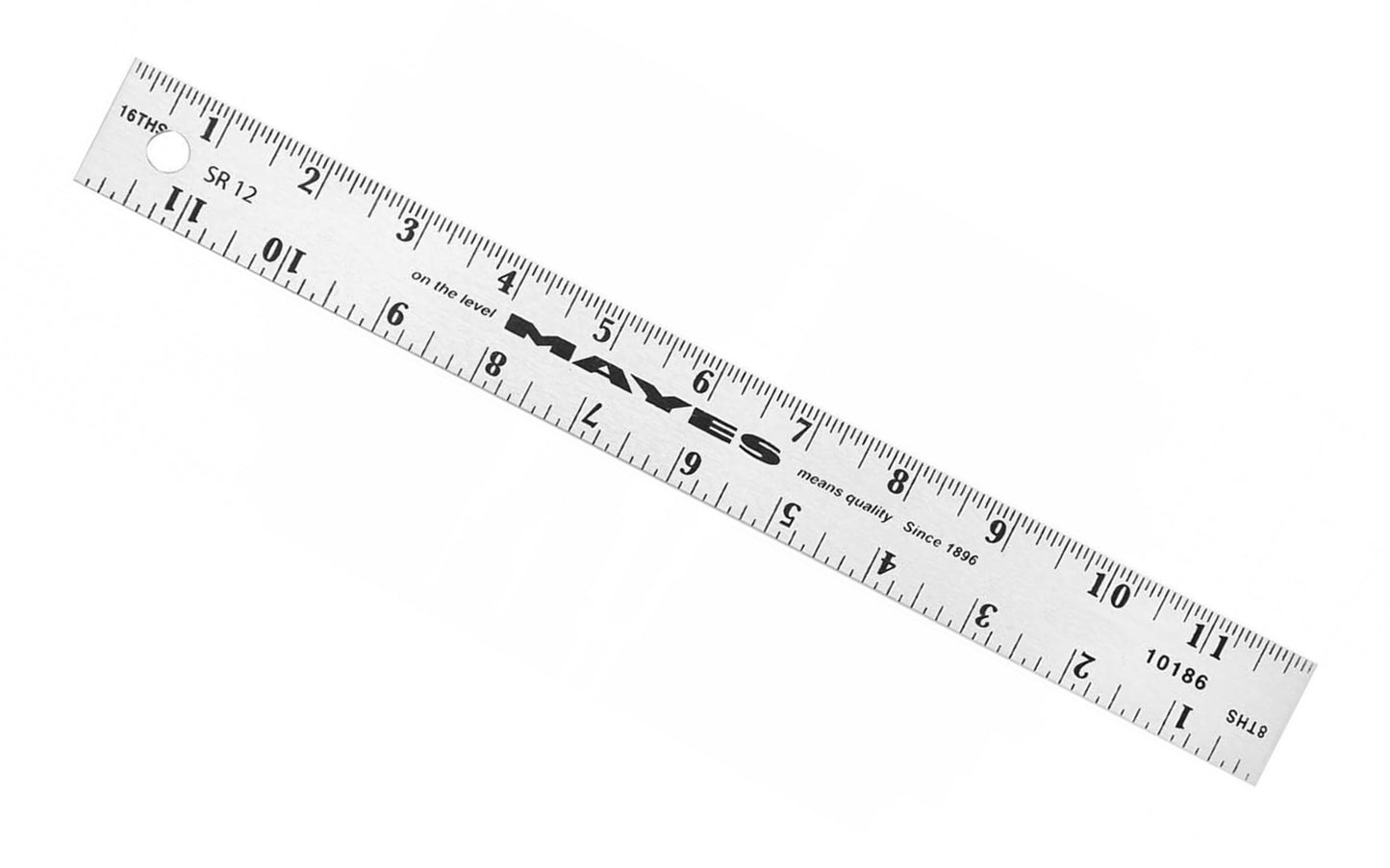 Mayes 12" Aluminum Rule ~ Model No. 10186 ~ Made of sturdy, extruded & lightweight aluminum ~ 8ths & 16ths graduations ~ Thermo-bonded embossed graduations ~ 12" overall length