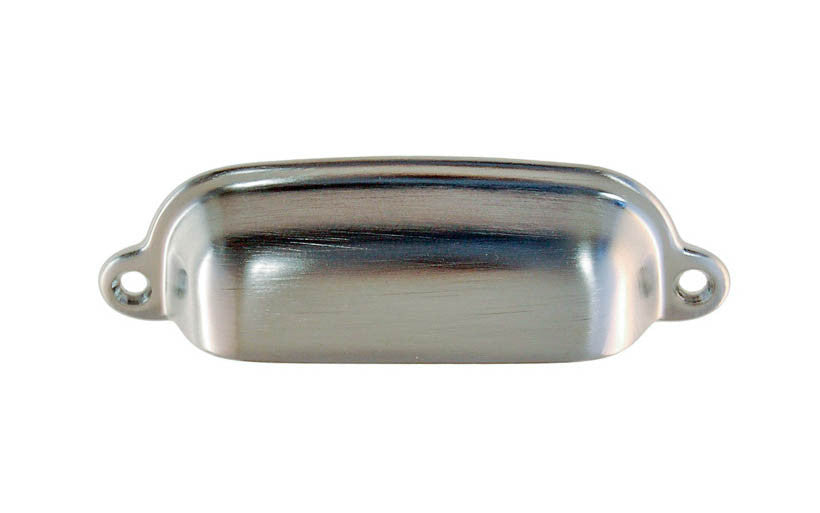 Vintage-style Hardware · Classic Solid Brass Bin Pull ~ 3-3/8" On Centers. Cup bin pull for kitchens & cabinets. 3-3/8" center to center. Solid brass kitchen cabinet bin pull handle. Authentic reproduction hardware. Brushed Chrome Finish