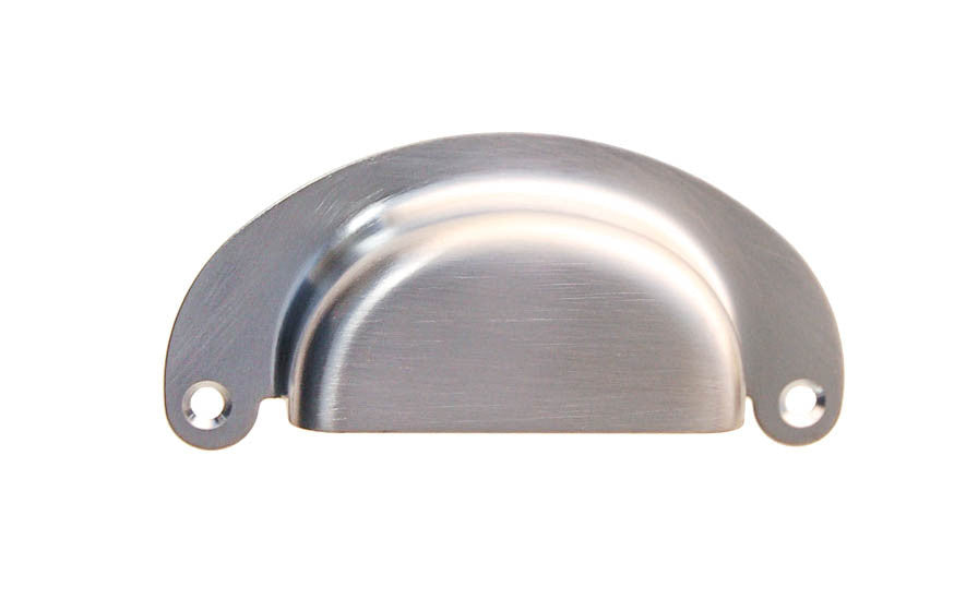 Vintage-style Hardware · Classic Brass Half-Round Bin Pull ~ 3" On Centers. Heavy gauge stamped brass. Brushed Chrome finish. 3" center to center. Kitchen cabinet pull. Drawer pull handle. Authentic reproduction bin utility pull. Satin nickel cup bin pull. Brushed Chrome Finish