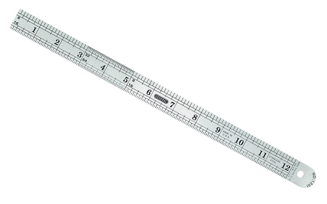General Tools 12" Flexible Stainless Steel Rule ~Made in USA · Model No. 1201me ~ Flexible rule - Made of stainless steel ~ 12" overall length ~ Hanger hole on blade ~ Readings in 1/8ths, 16ths, 32nds & 64ths - 1.0 mm & 0.5 mm - Etched graduations